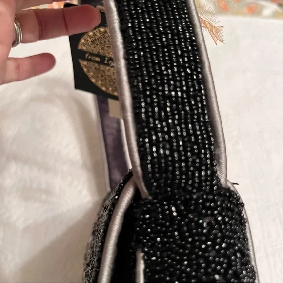 NWT Hand-Beaded Skull & Bones Purse Bag by From India To You, Black/Silver - Picture 10 of 17
